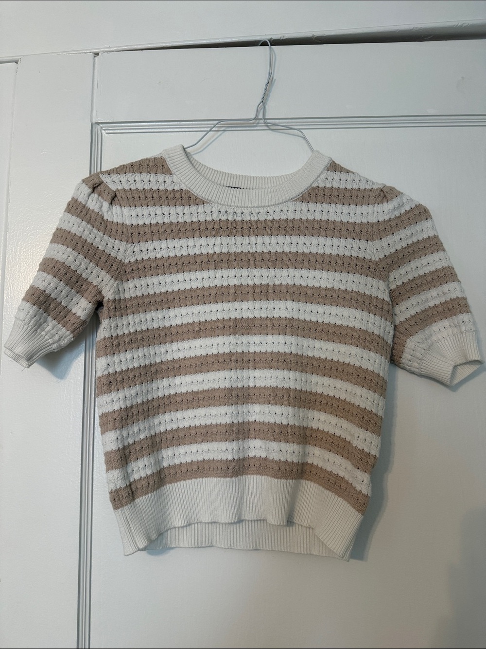 Short Sleeve Striped Sweater - Cream & Tan